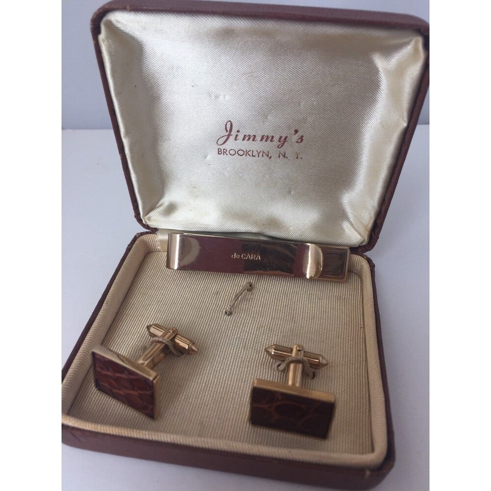 Vtg De Cara Tie Bar cuff links leather faux snakeskin gold tone original case - Picture 3 of 4